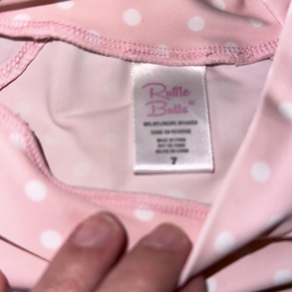 Ruffle Butts two-piece swimsuit. Size 7 children’s. Pink with white polka dots. - Picture 5 of 5